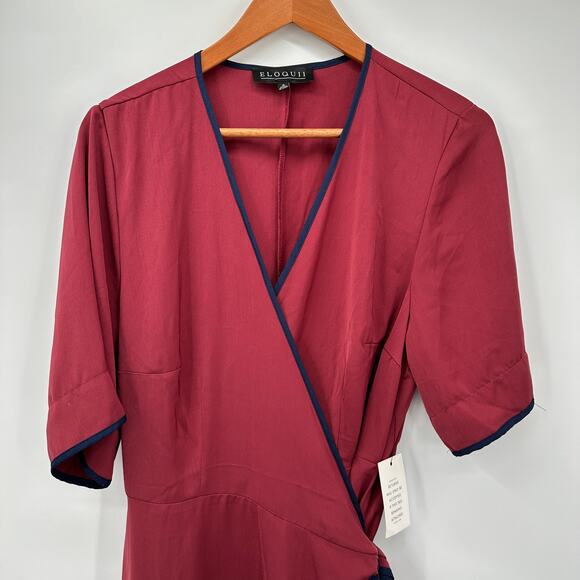 ELOQUII NWT Marroon with Navy Trim Short Sleeve Wrap Dress // 18 - Picture 3 of 10